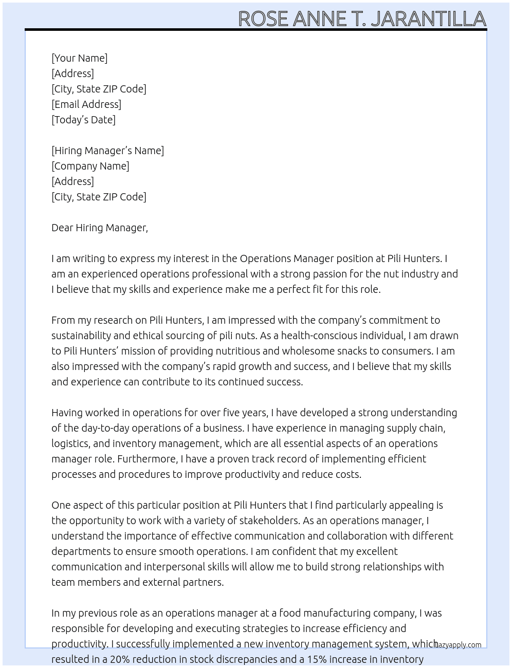 Operations Manager At Pili Hunters Cover Letter