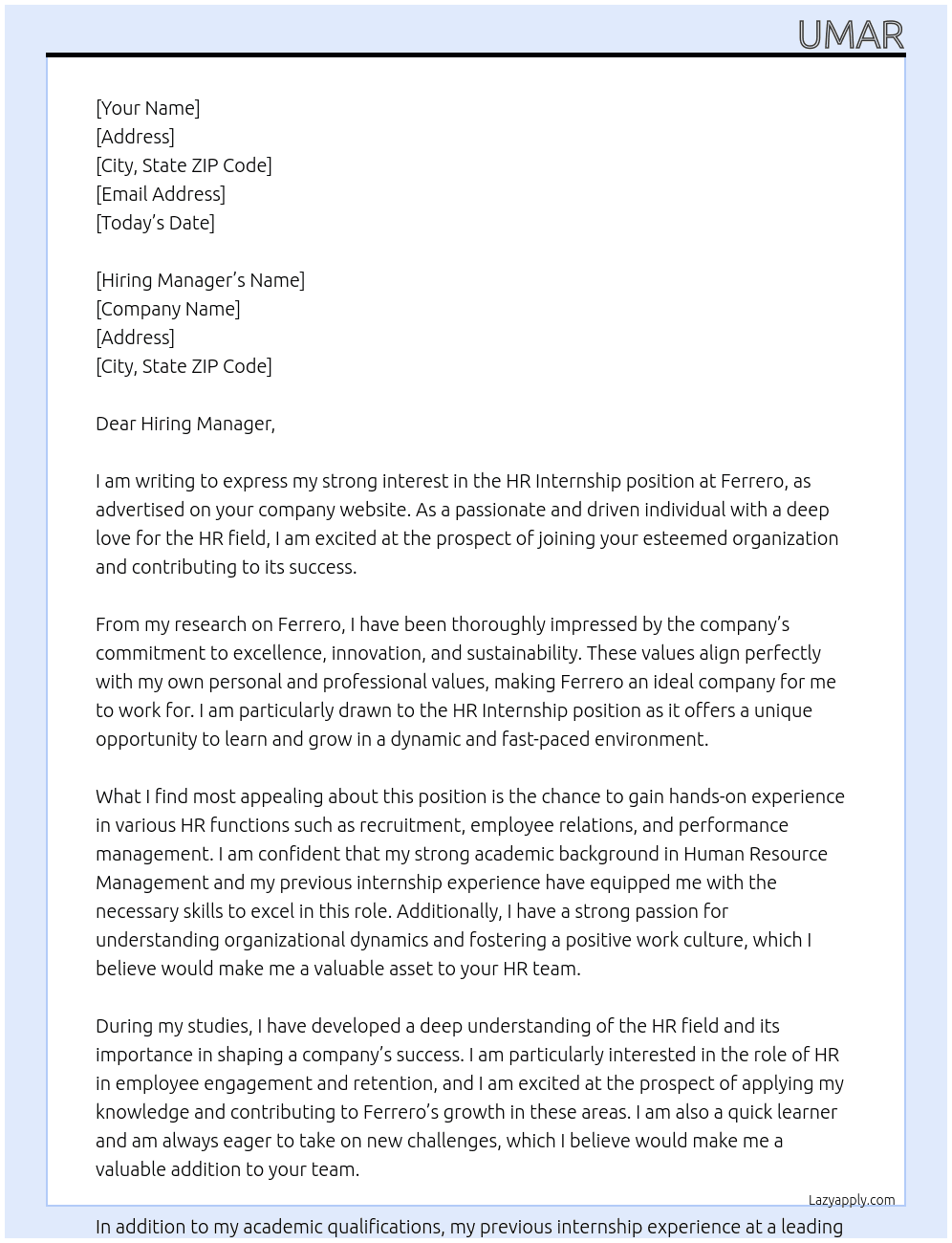 Hr Internship At Ferrero Cover Letter