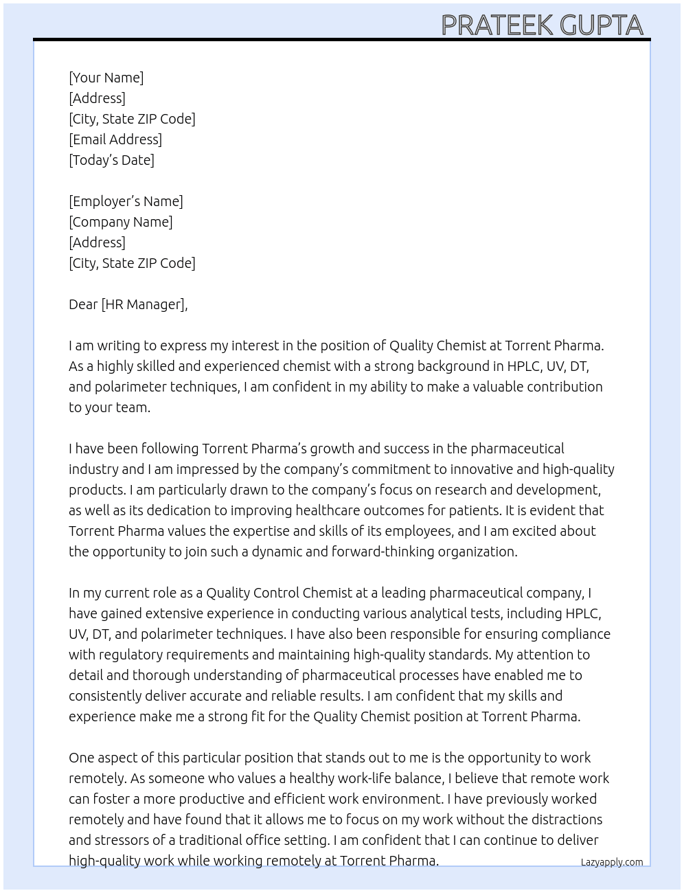 Quality chemist At Torrent pharma Cover Letter