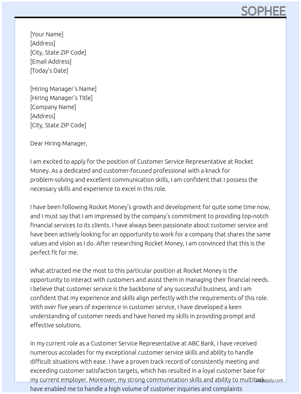 customer service  At Rocket Money Cover Letter