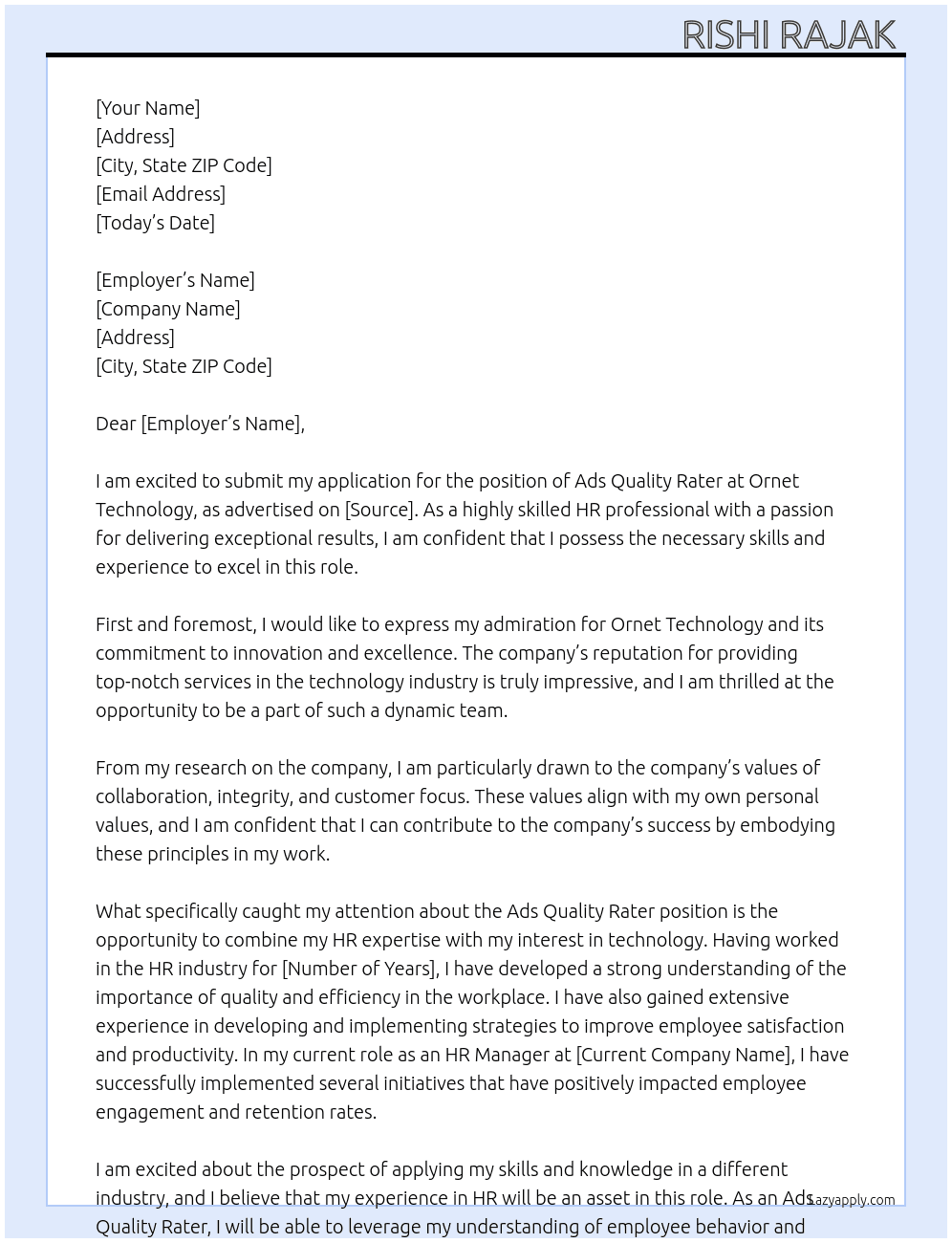 Ads Quality Rater  At Ornet Technology  Cover Letter