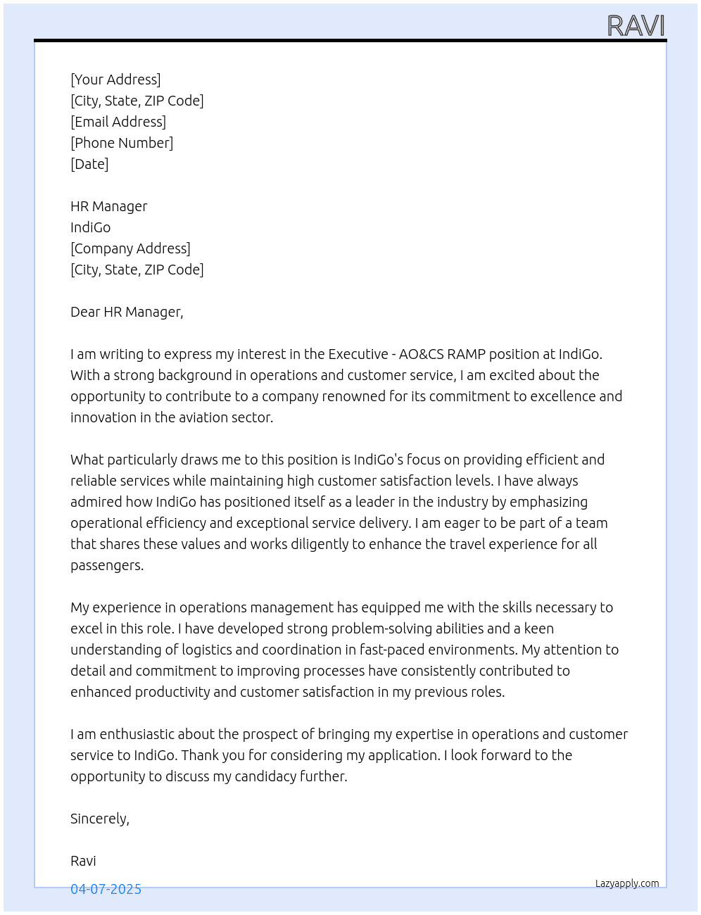 Executive- AO&CS RAMP HYD At Indigo Cover Letter