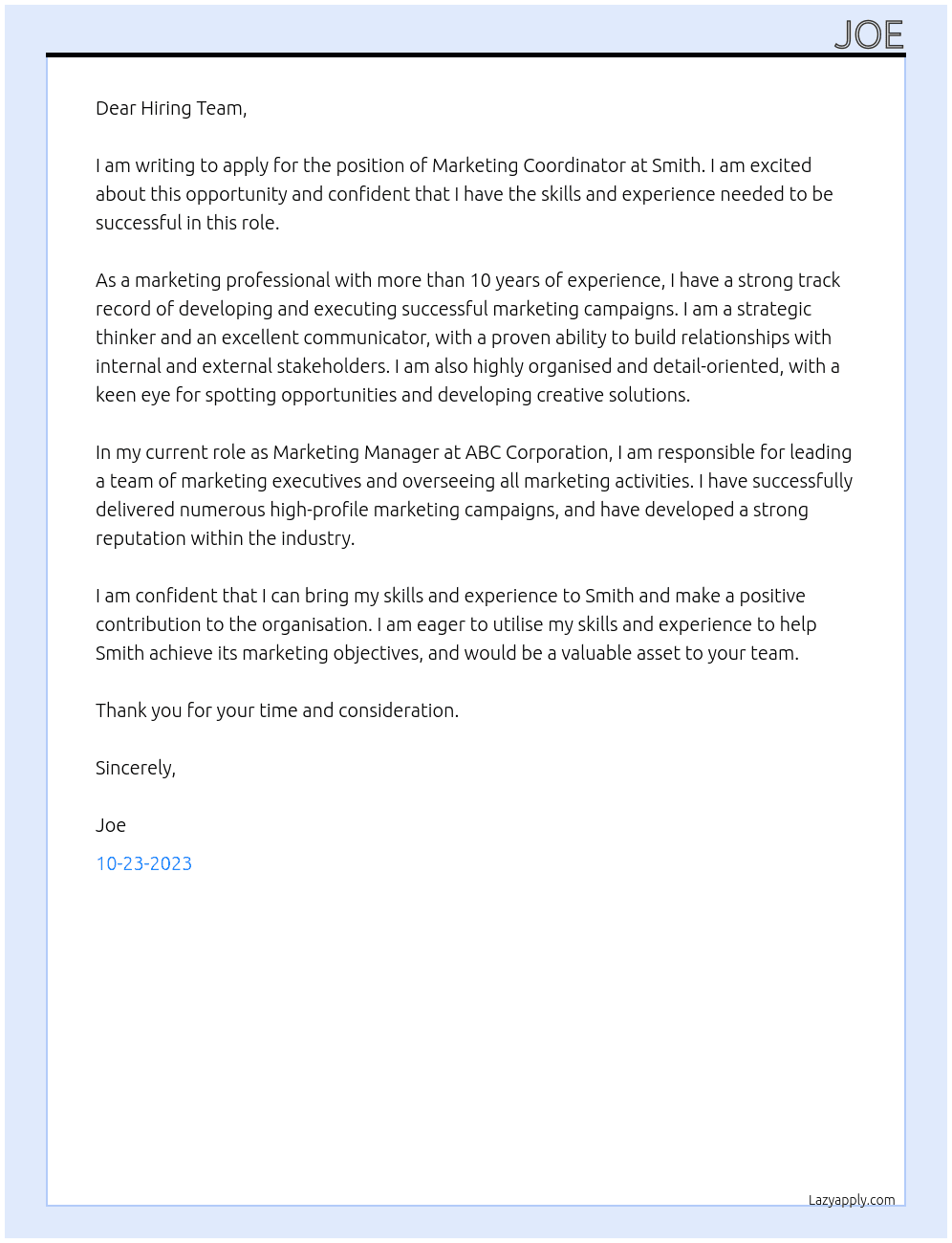 Marketing Coordinator At Smith Cover Letter