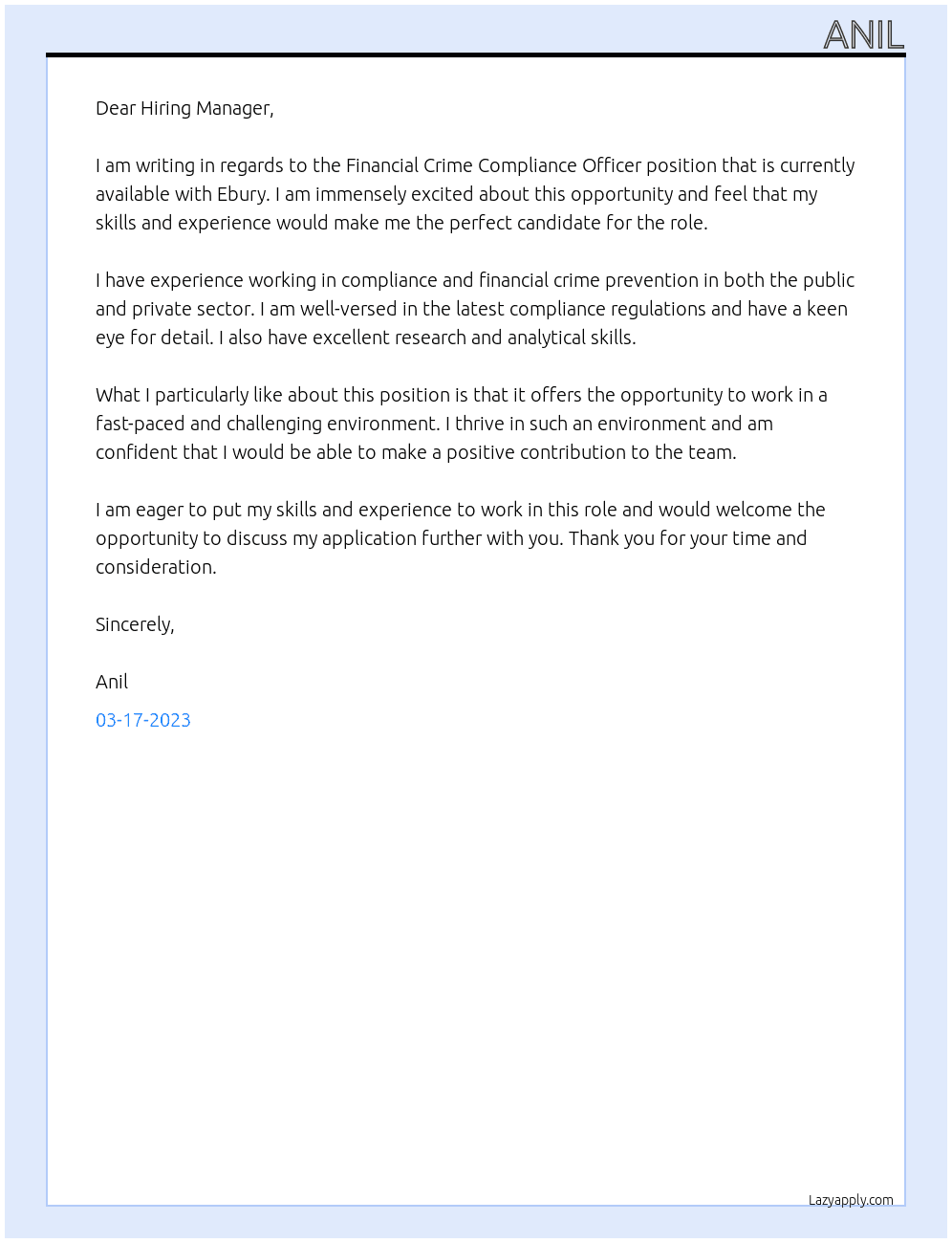  Financial Crime Compliance Officer - London At Ebury Cover Letter