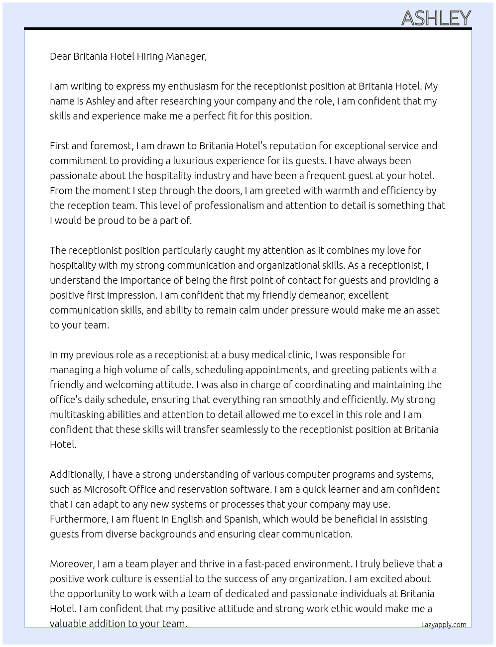 receptionist At Britania Hotel Cover Letter