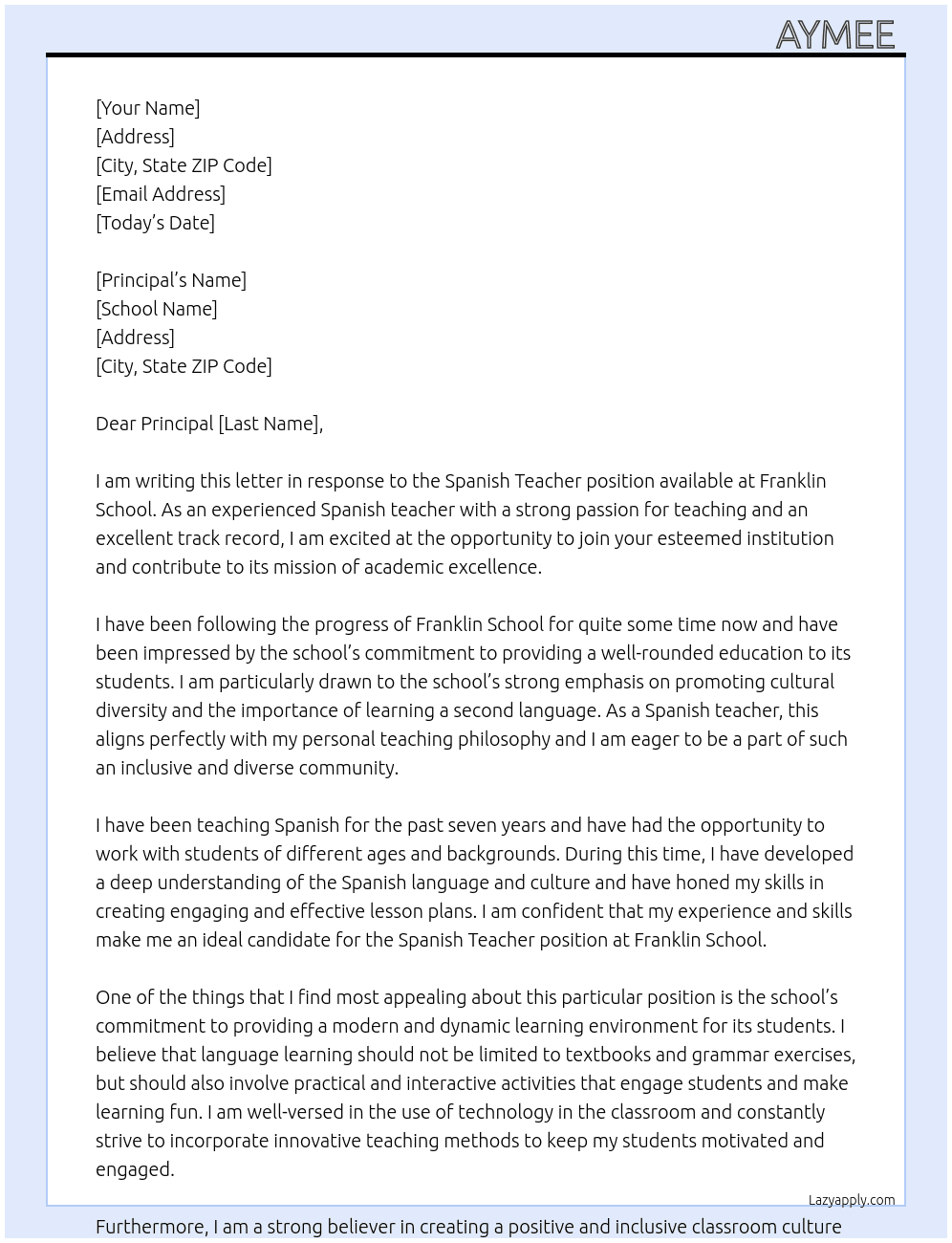 Spanish Teacher At Franklin School Cover Letter
