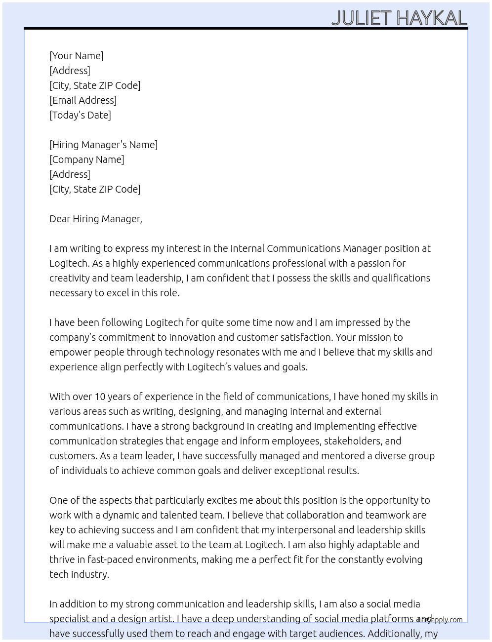 Internal Communications Manager At Logitech Cover Letter