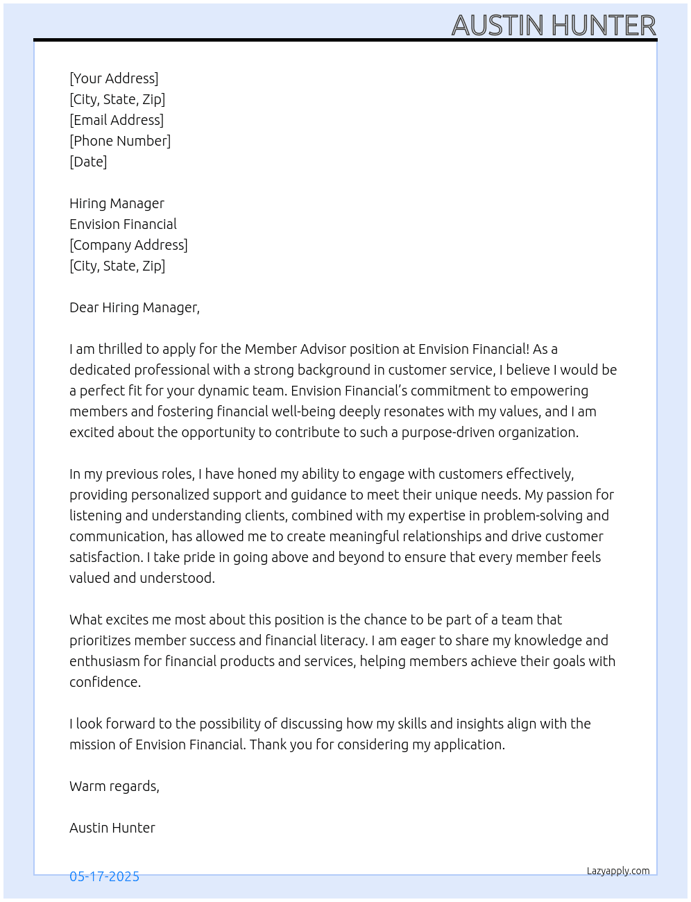 Cover letter for member advisor - LazyApply