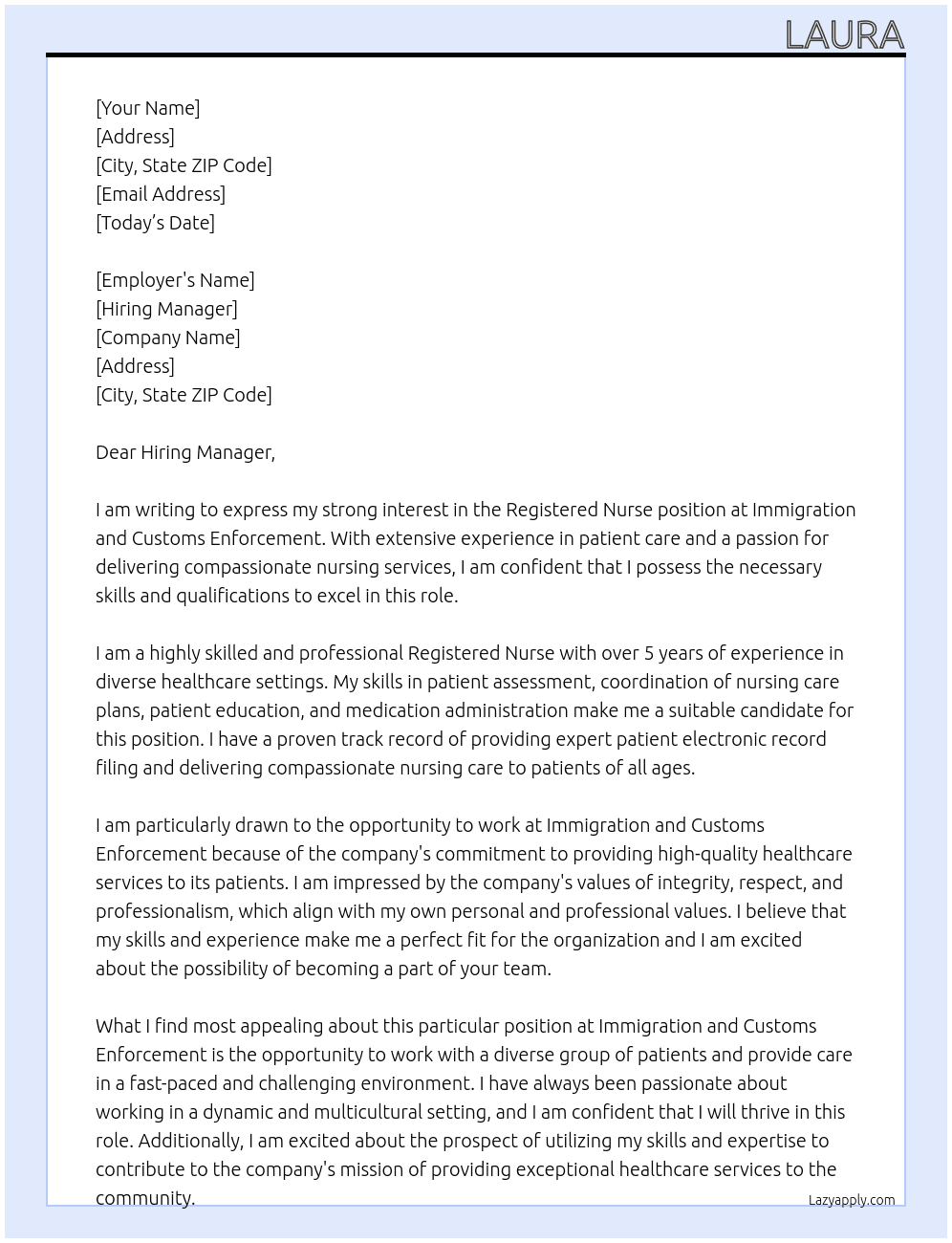 Registered Nurse At Immigration and Customs Enforcement Cover Letter