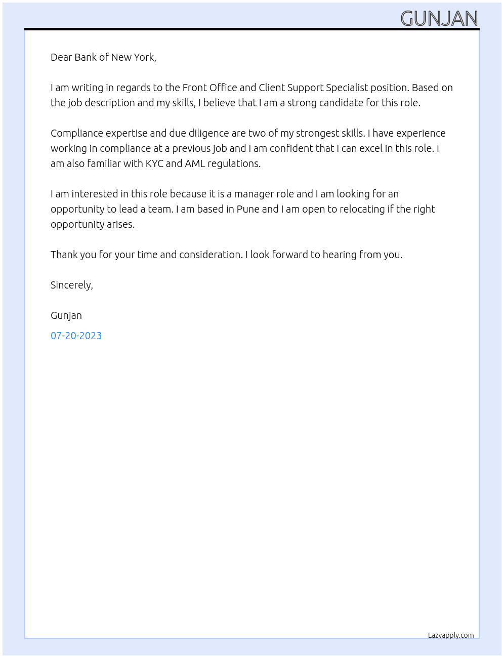 Front Office and Client Support Specialist At Bank of NewYork Cover Letter