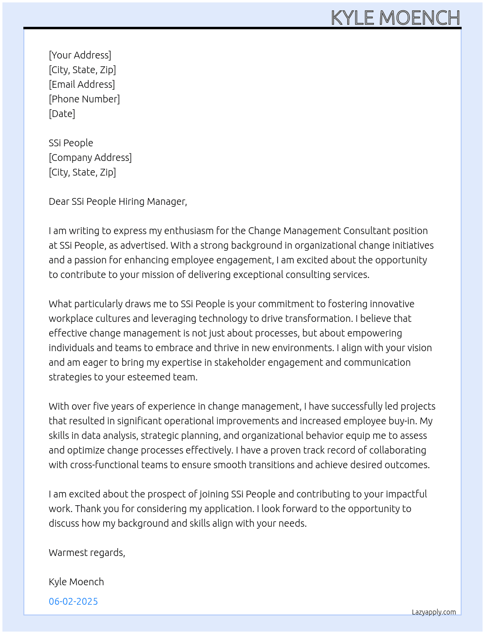 Change Management Consultant  At SSi People Cover Letter