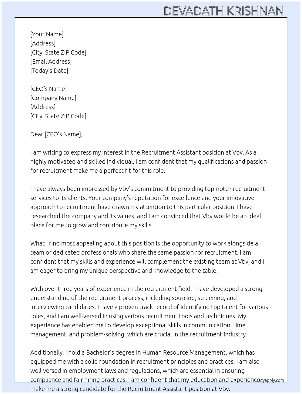 Recruitment assistant  At Vbv Cover Letter