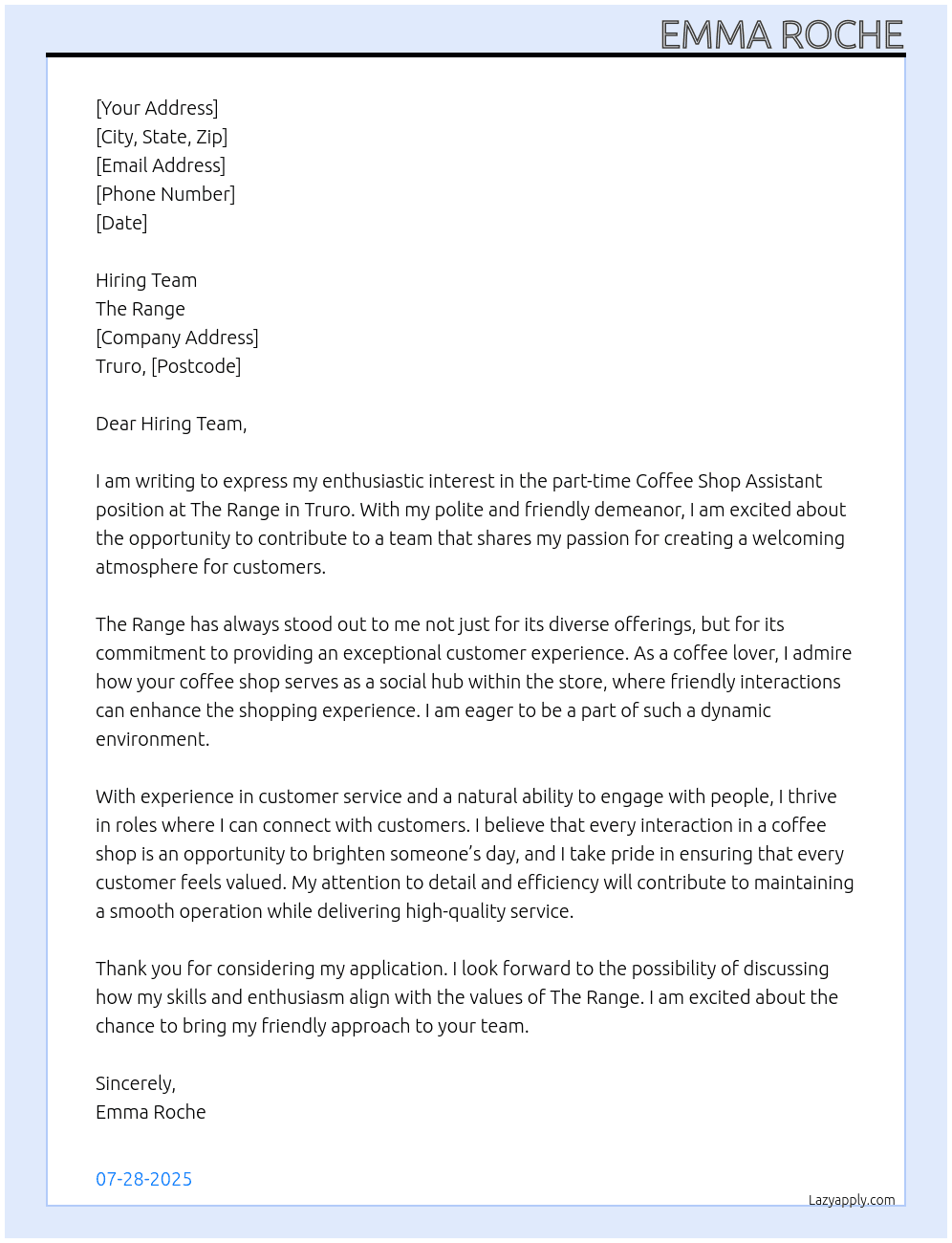 coffee shop assistant  At the range Cover Letter