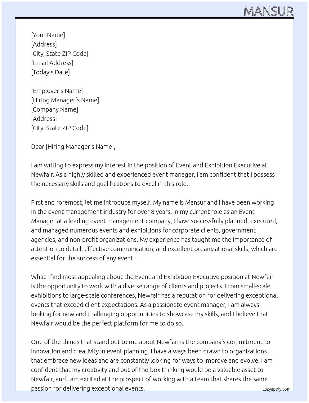 event and exhibition executive At newfair Cover Letter