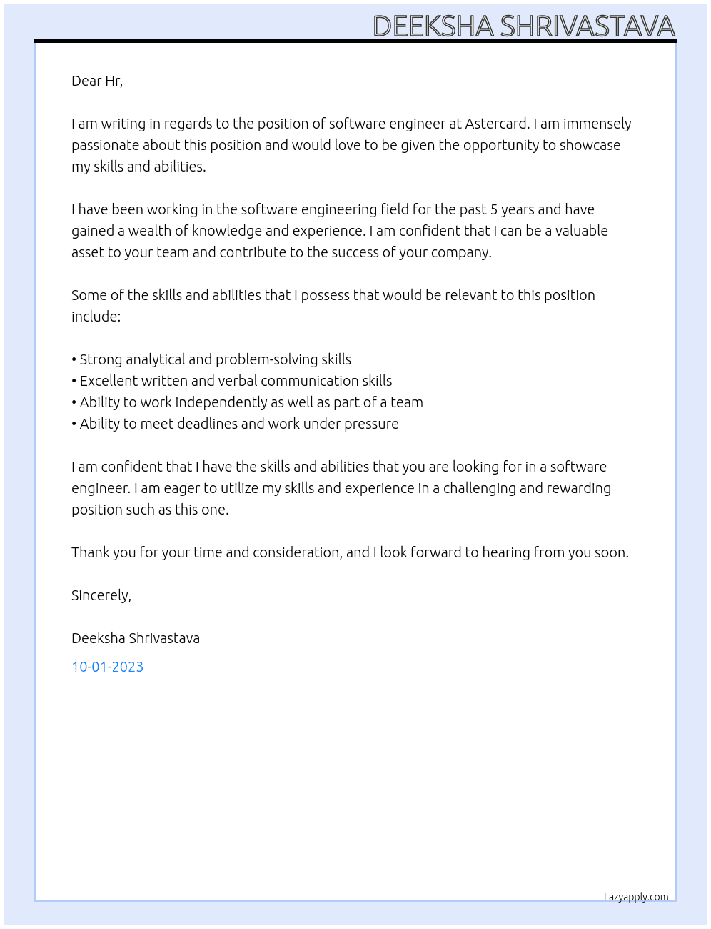 Software engineer  At  Astercard Cover Letter