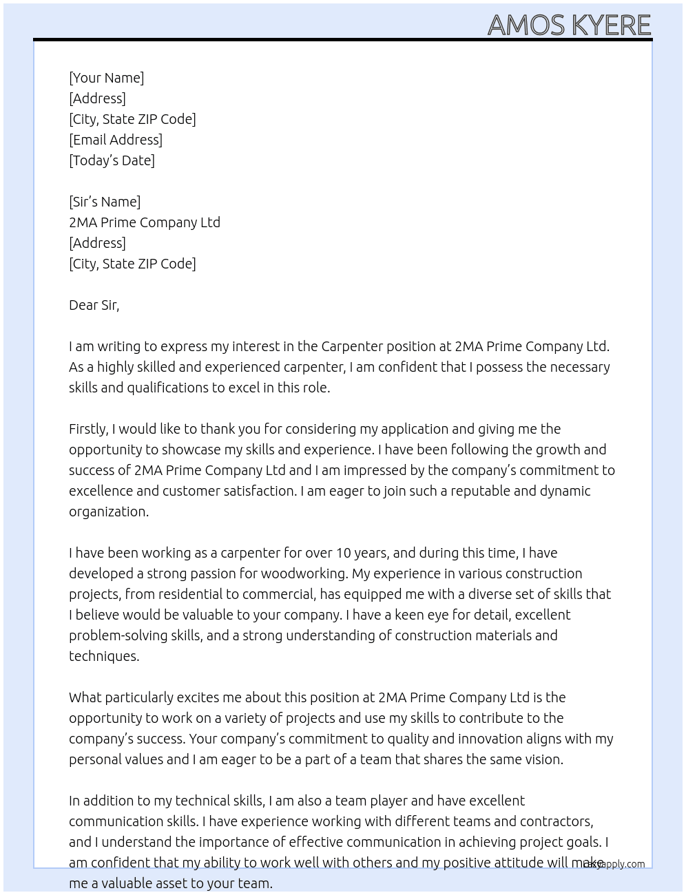 Carpenter  At 2MA Prime Company Ltd  Cover Letter