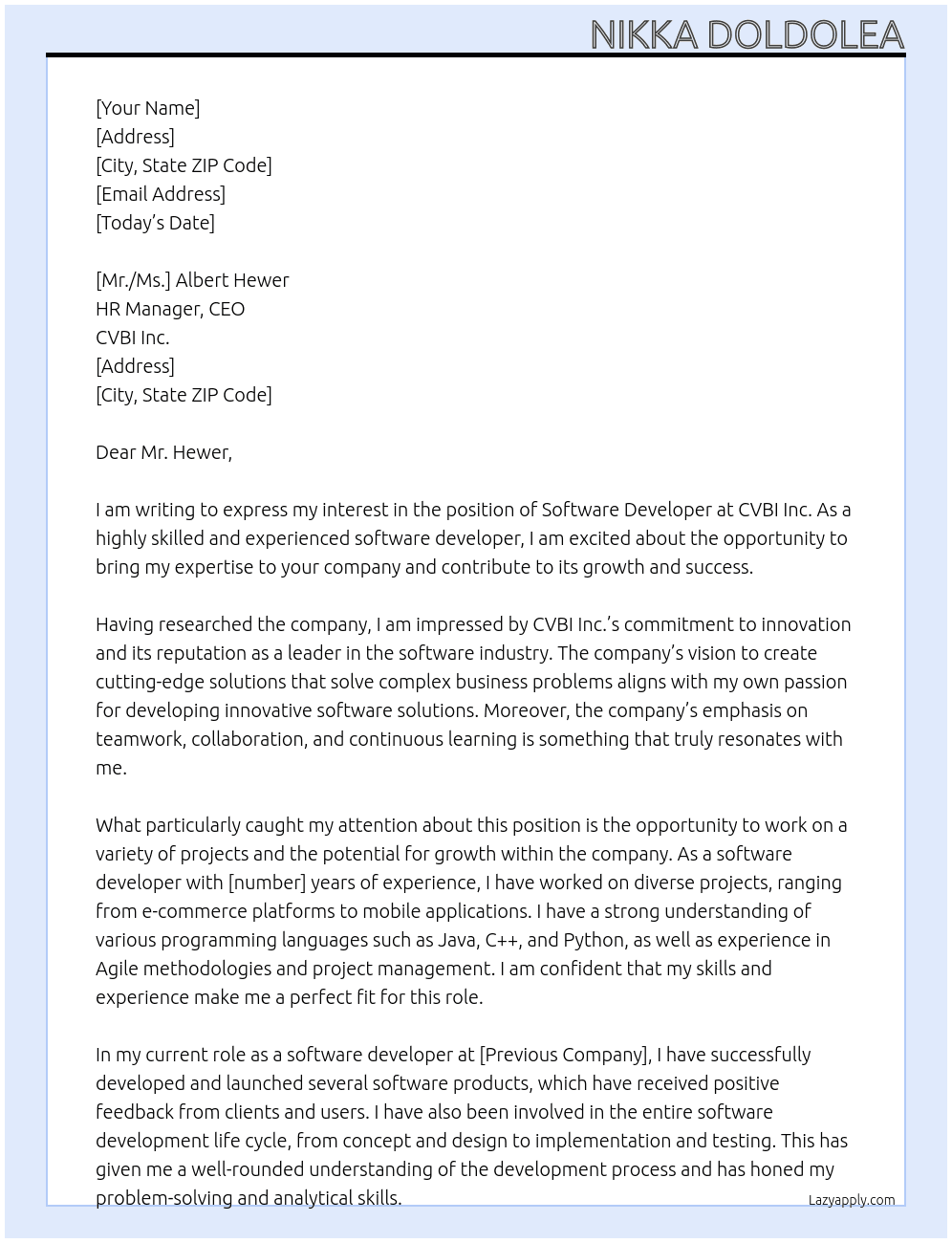 software developer At CVBI Inc. Cover Letter