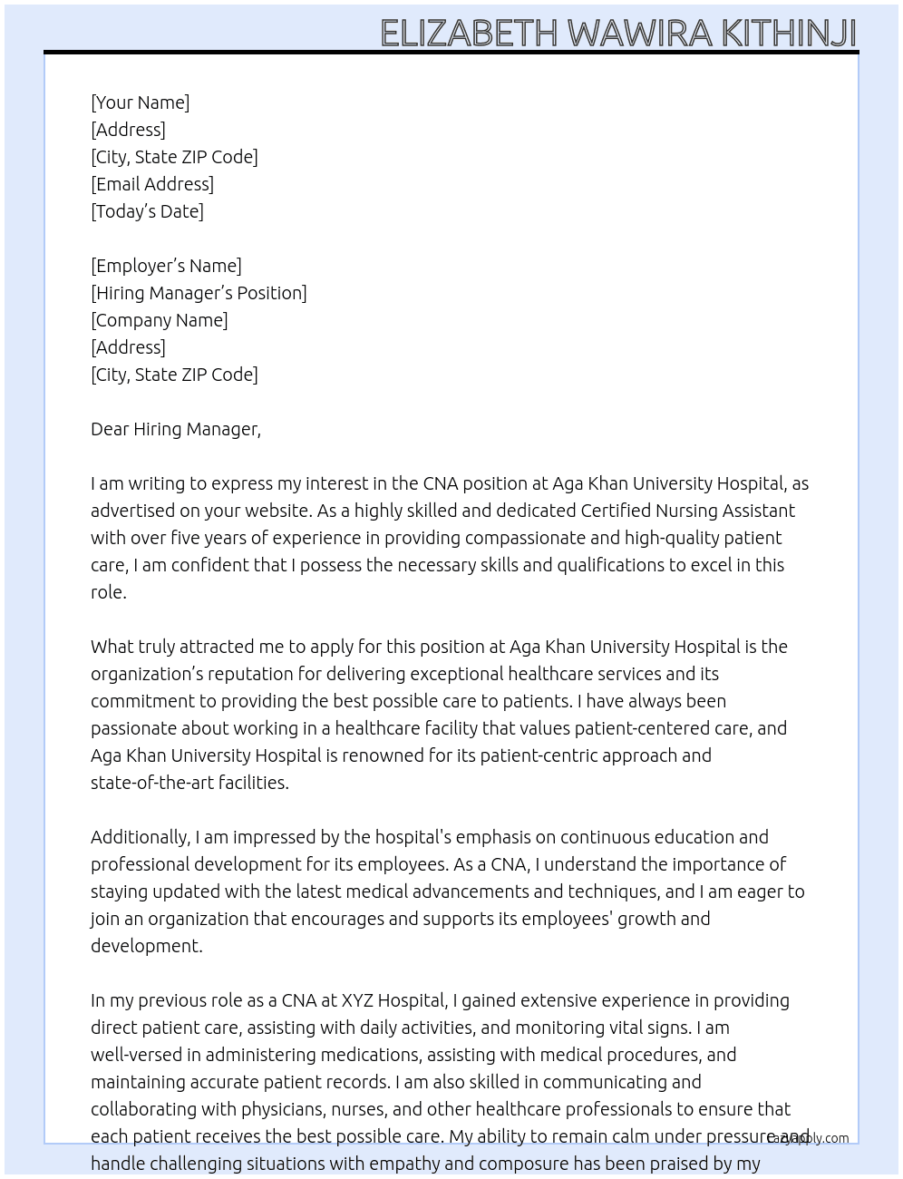 CNA At Aga Khan University Hospital Cover Letter