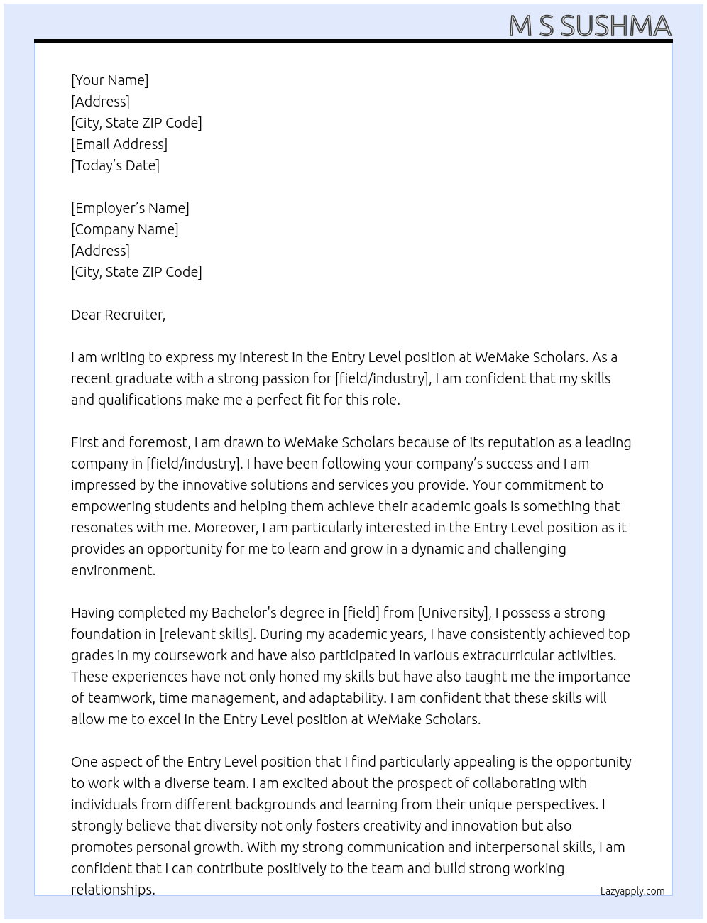 Entry Level At WeMake Scholars Cover Letter