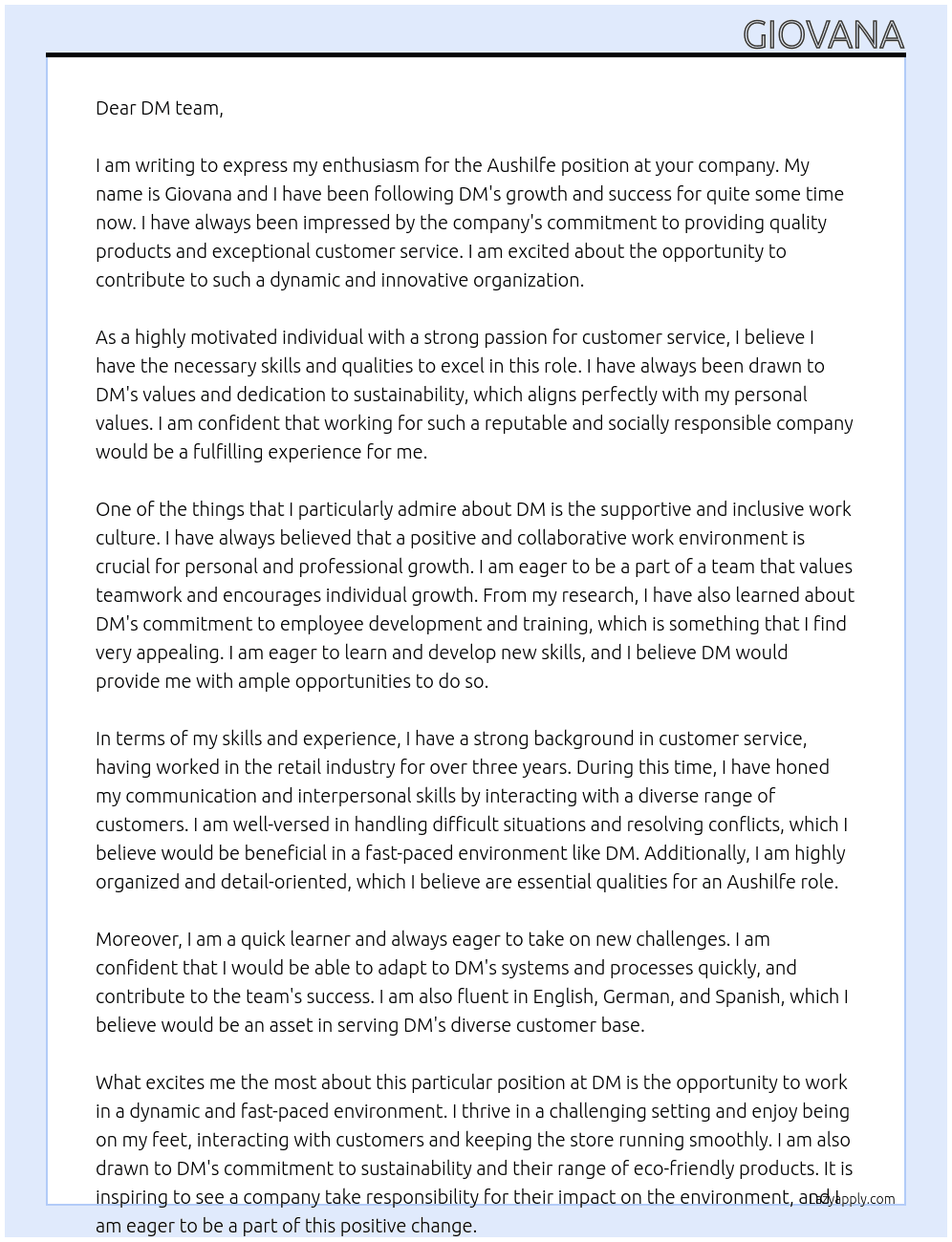 Aushilfe At DM Cover Letter