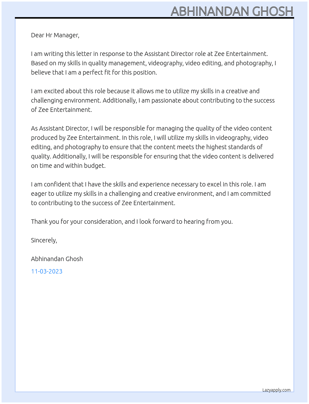 Assistant Director  At Zee Entertainment  Cover Letter