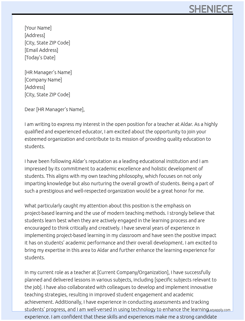 teacher At Aldar Cover Letter