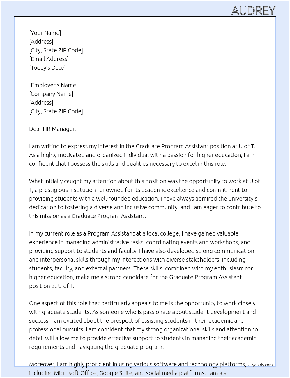 Graduate Program Assistant  At U of T Cover Letter