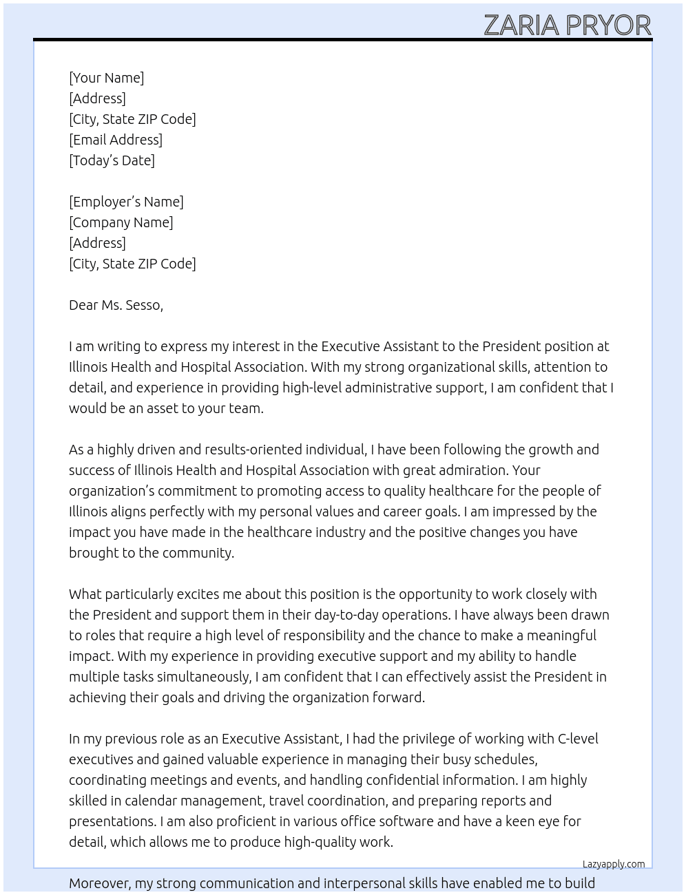 Executive Assistant to the President  At Illinois Health and Hospital Association  Cover Letter