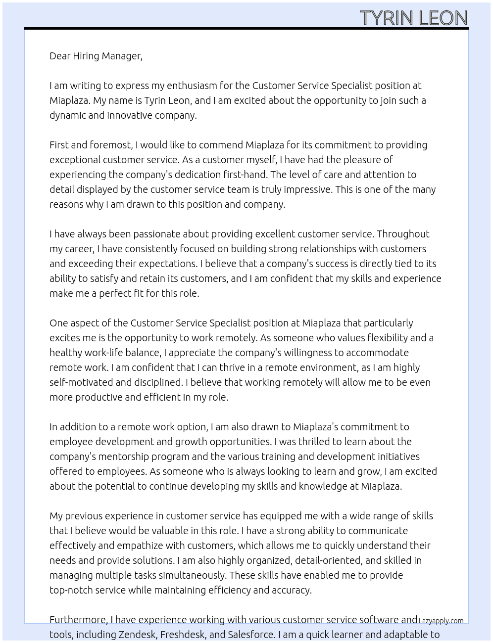 Customer Service Specialist At Miaplaza Cover Letter
