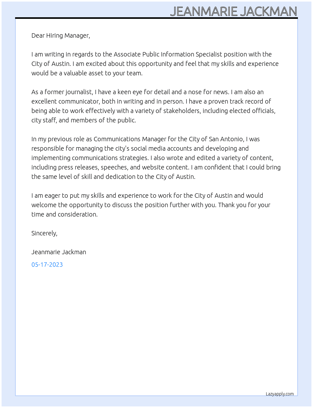 Associate Public Information Specialist  At City of Austin Cover Letter