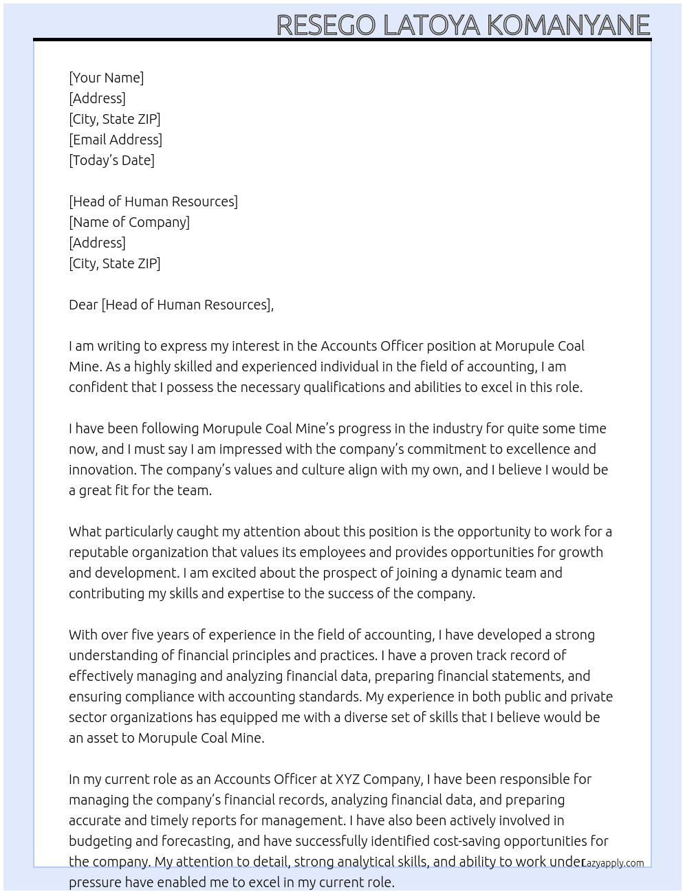 Accounts Officer At Morupule Coal Mine Cover Letter