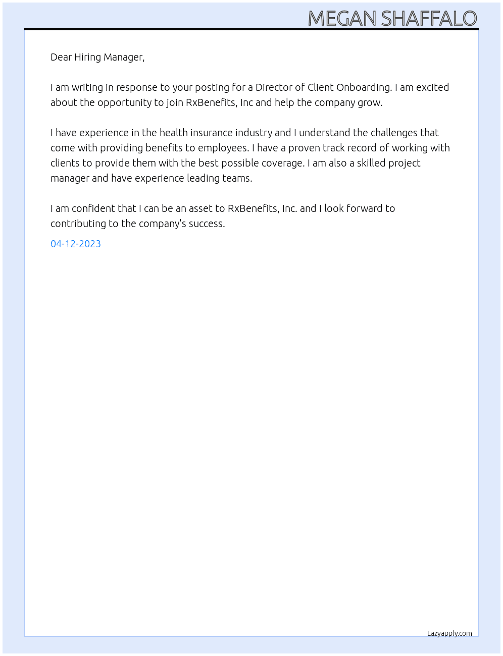 Director of Client Onboarding At RxBenefits, Inc Cover Letter