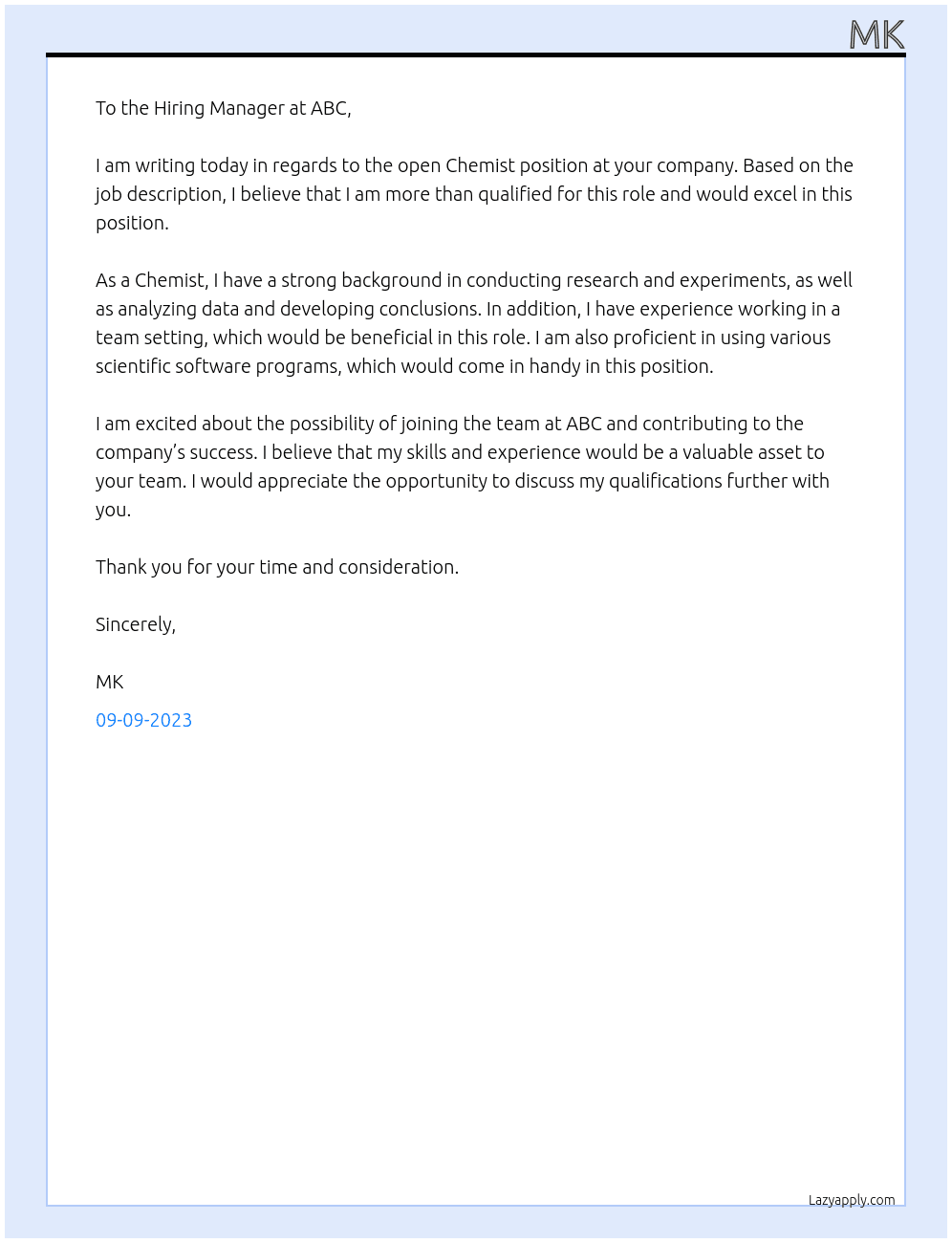 Chemist At ABC Cover Letter