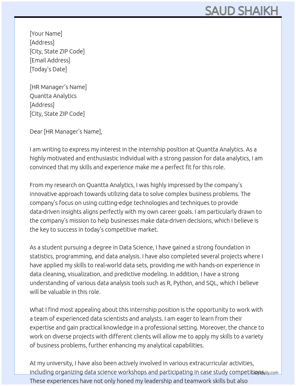 Internship  At Quantta Analytics Cover Letter