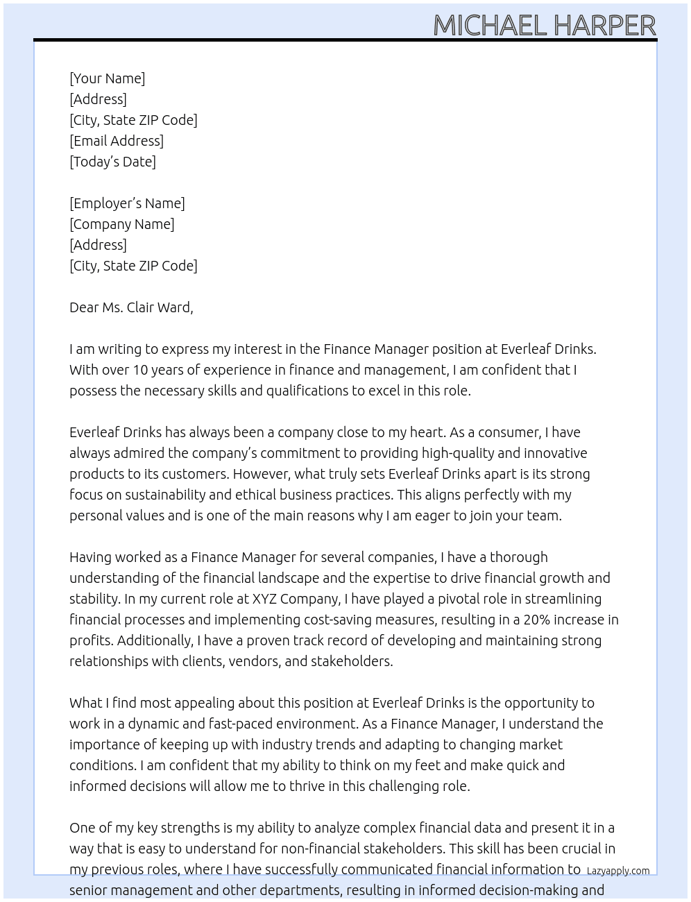 Finance Manager At Everleaf Drinks Cover Letter