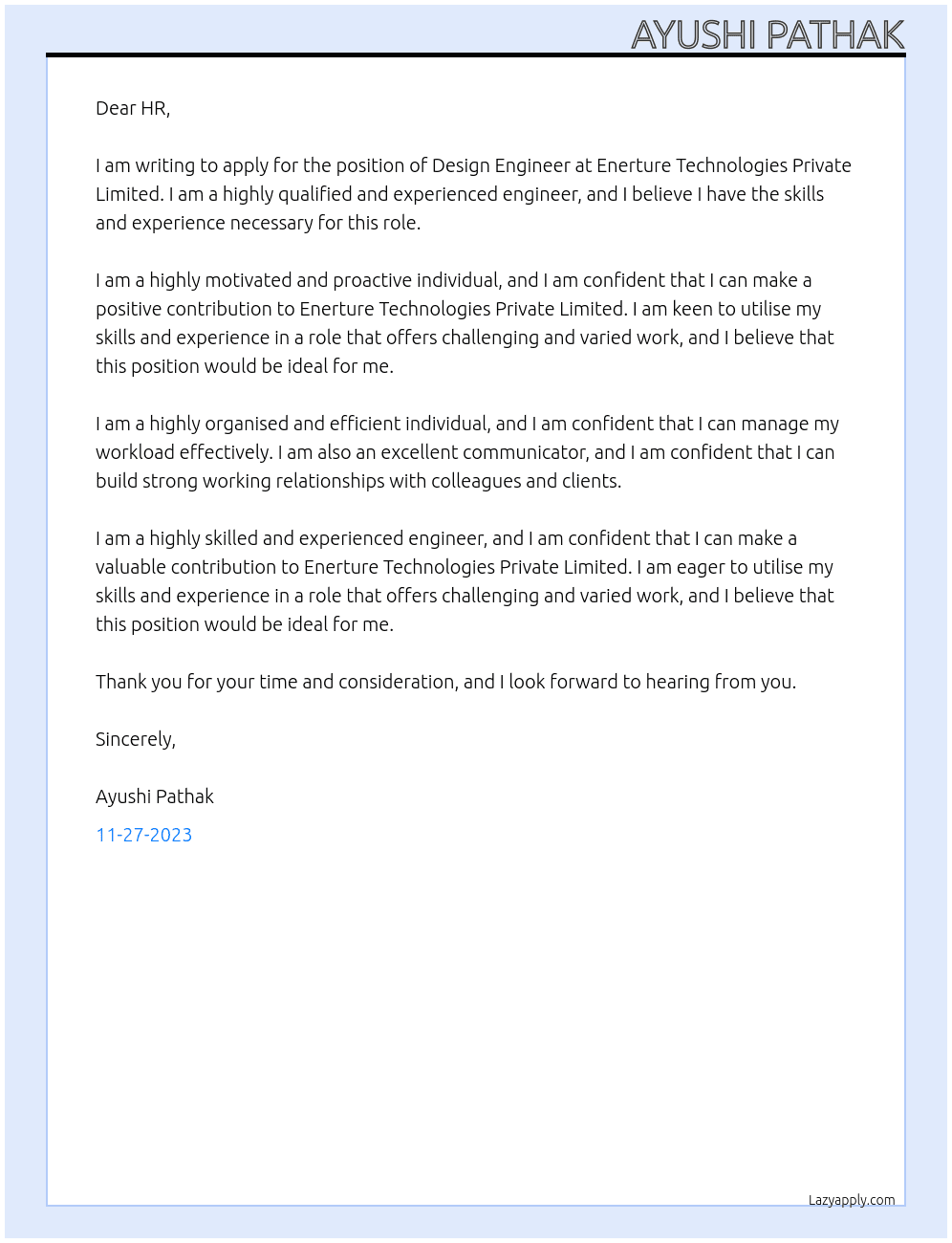 Design Engineer At Enerture Technologies Private Limited Cover Letter