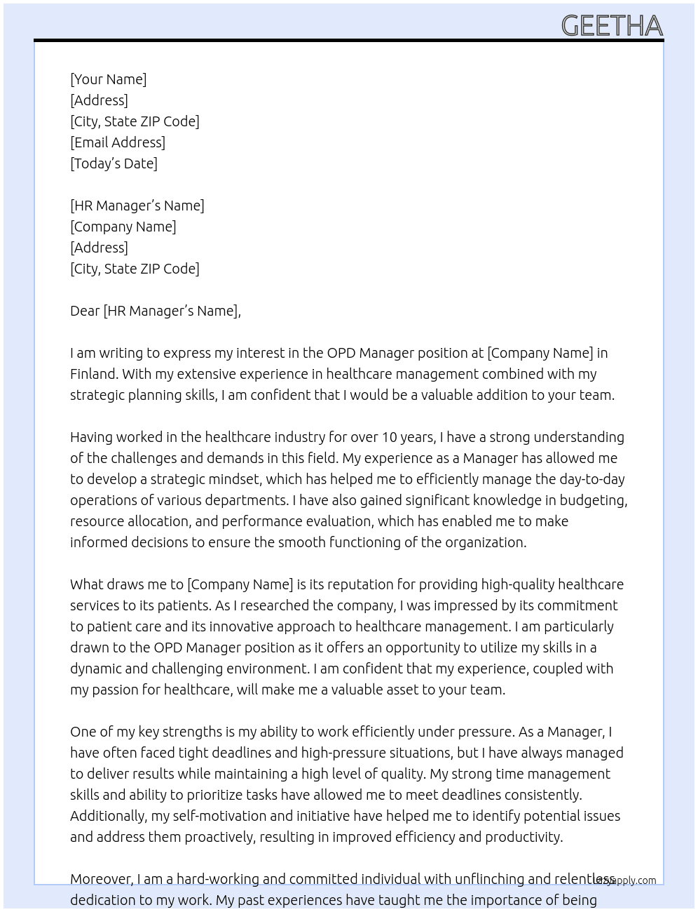OPD Manager At finlad Cover Letter