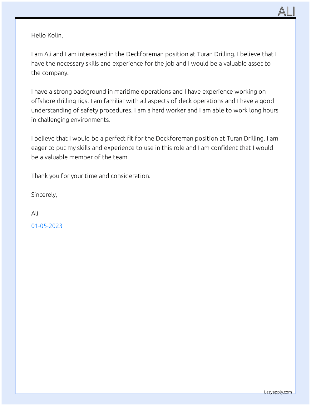 Deckforeman At Turan Drilling Cover Letter