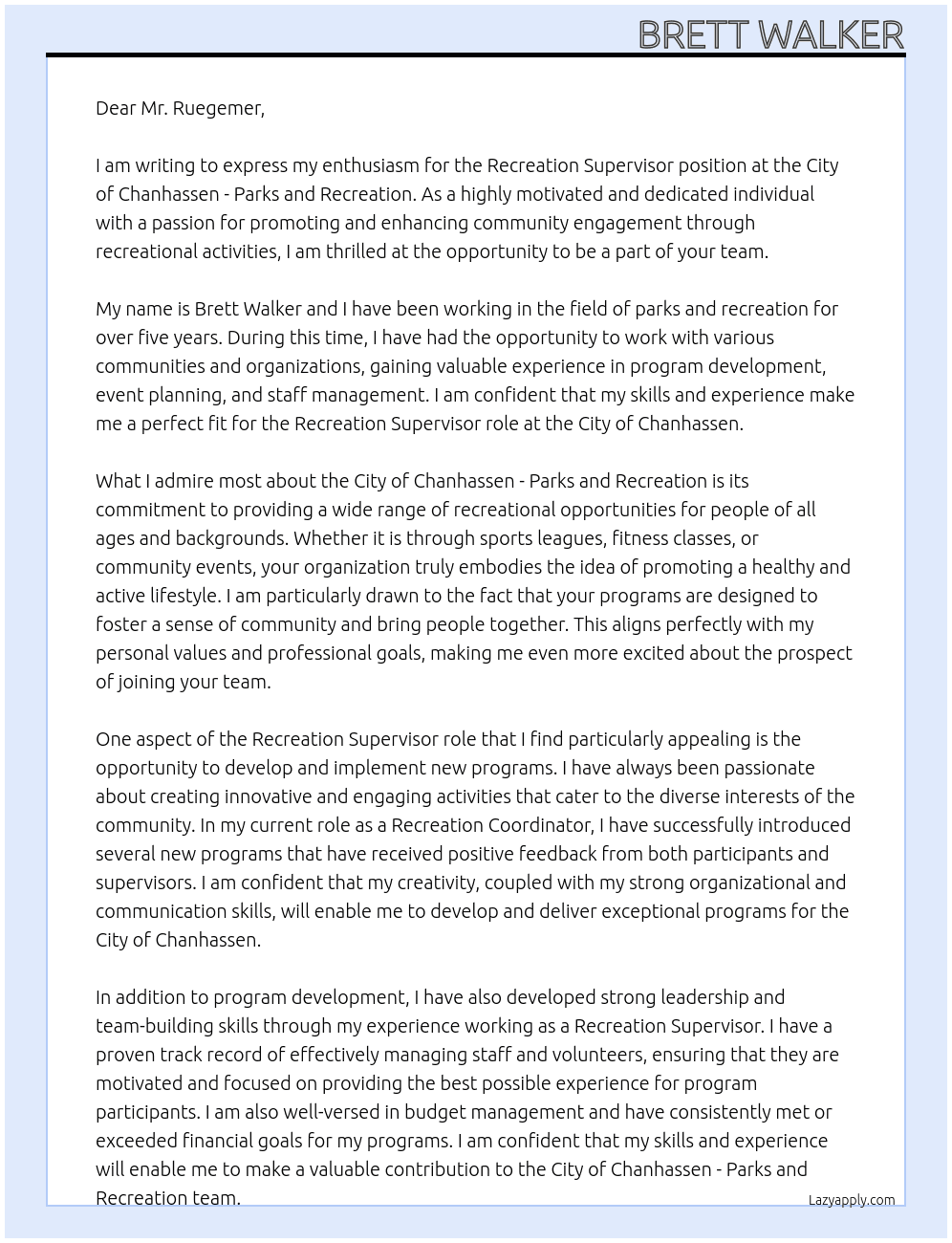 Recreation Supervisor At City of Chanhassen - Parks and Recreation Cover Letter