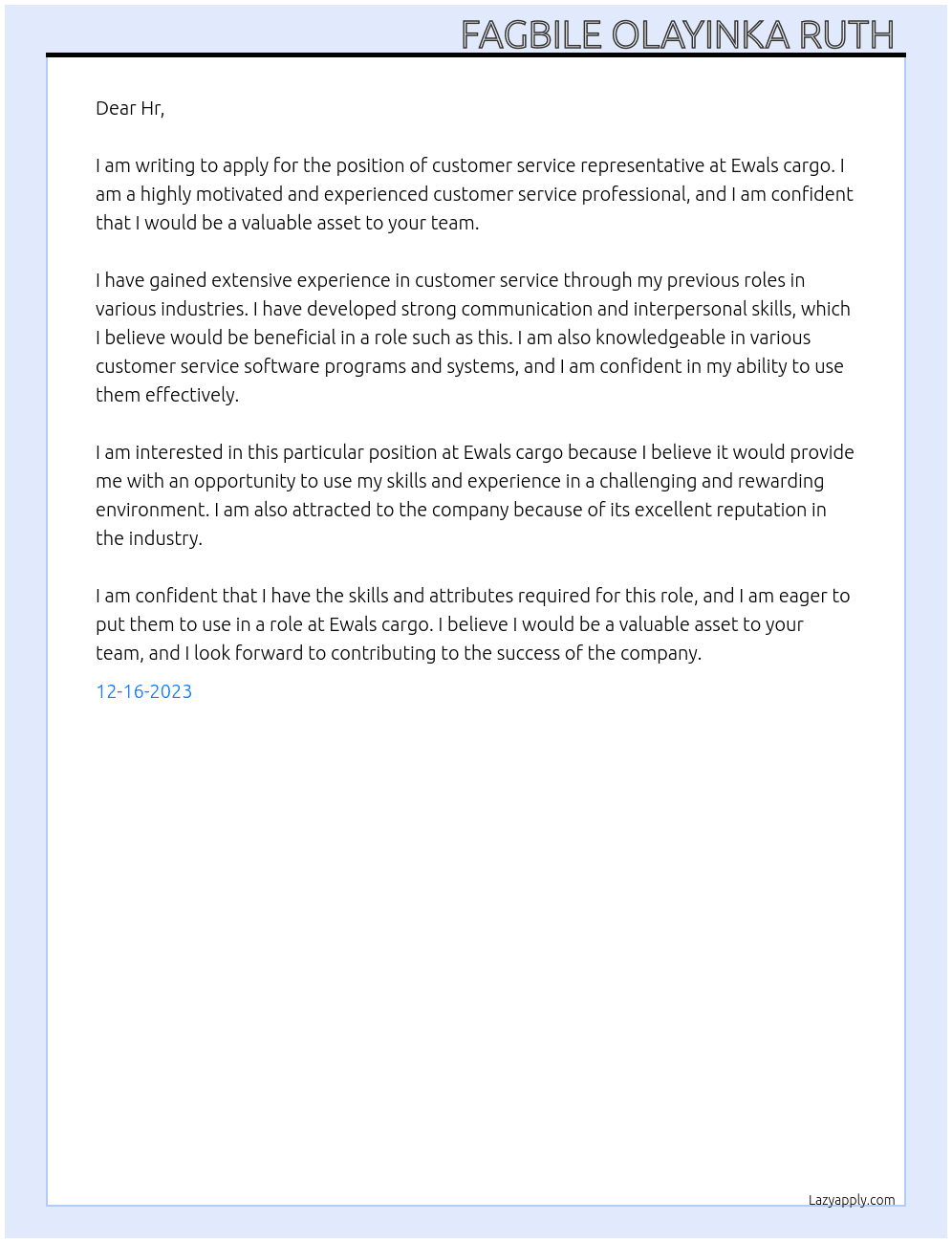 Customer service representative  At Ewals cargo Cover Letter