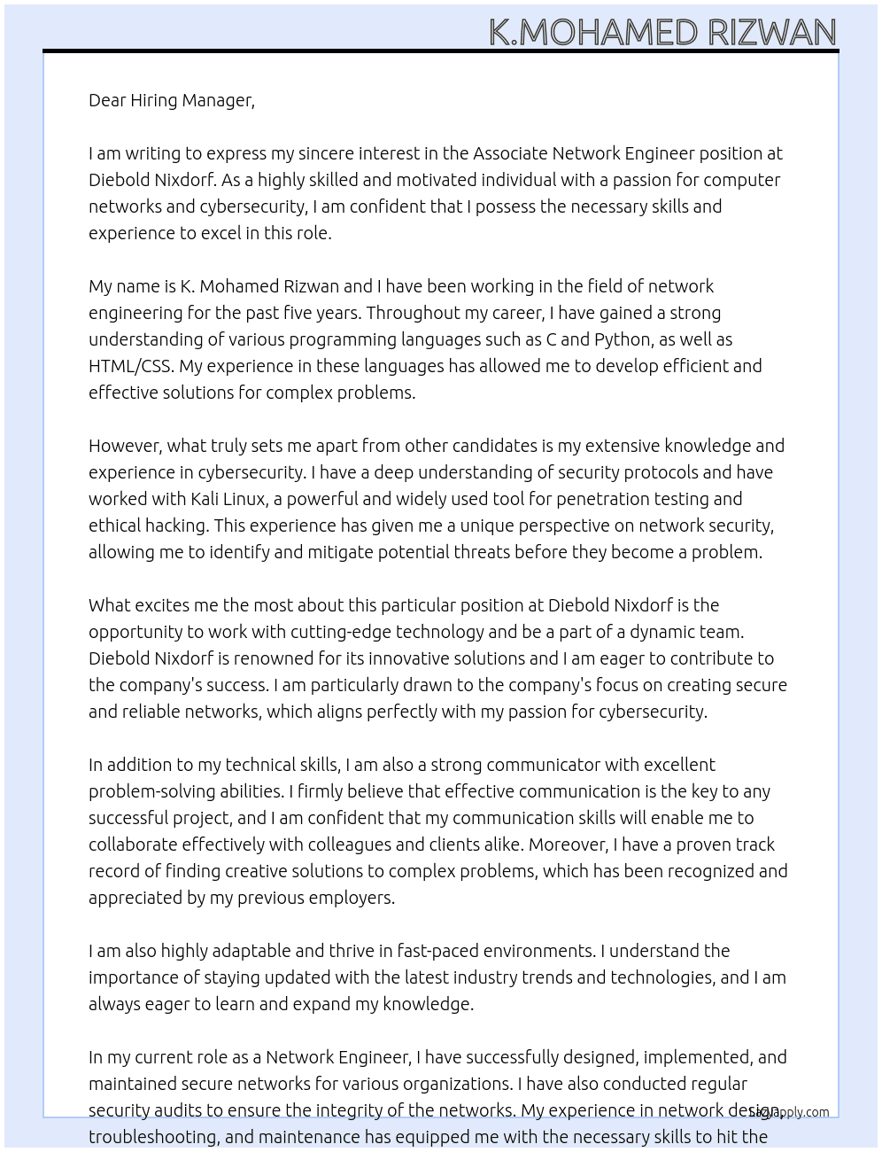  Associate Network Engineer At Diebold Nixdorf Cover Letter