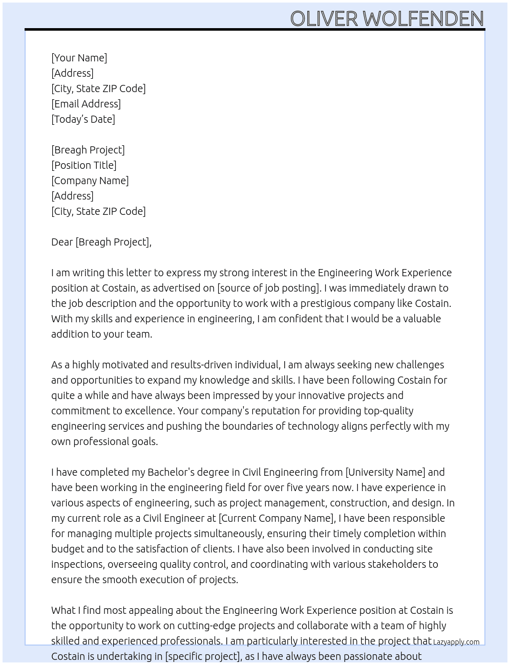 Engineering Work Experience  At Costain Cover Letter