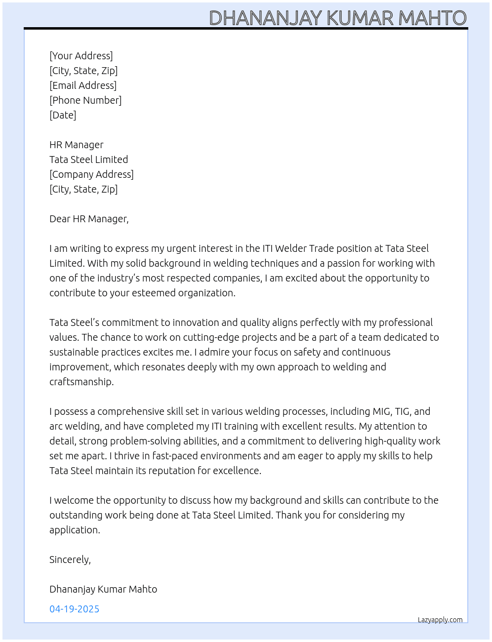 ITI Welder Trade  At Tata steel limited  Cover Letter