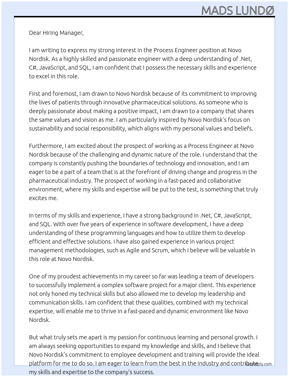 Process Engineer At Novo Nordisk Cover Letter