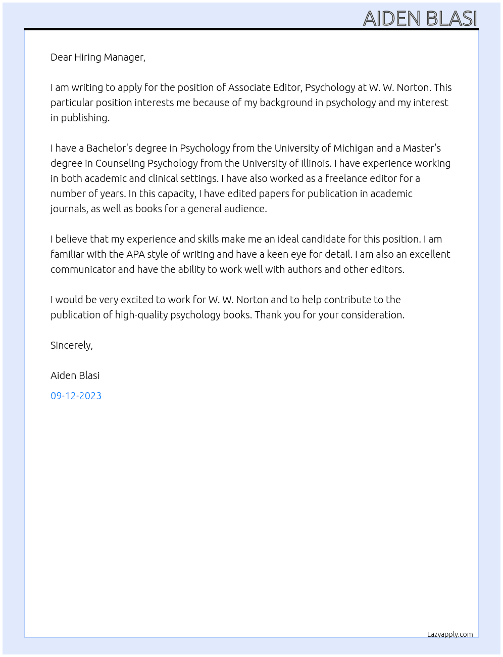 Associate Editor, Psychology At W. W. Norton Cover Letter