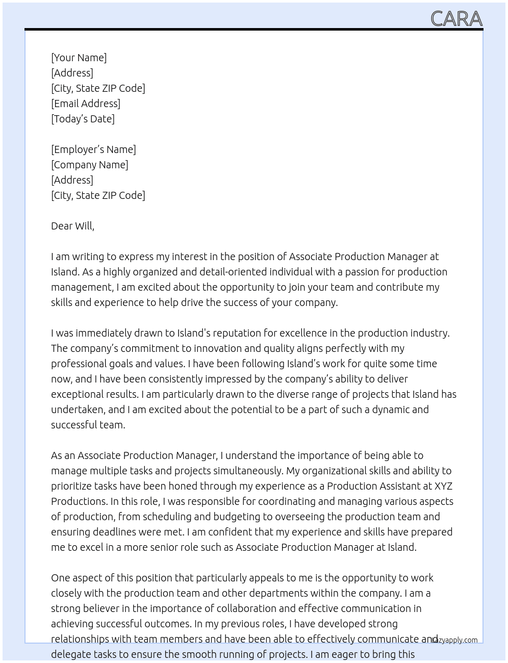 Associate Production Manager At Island Cover Letter
