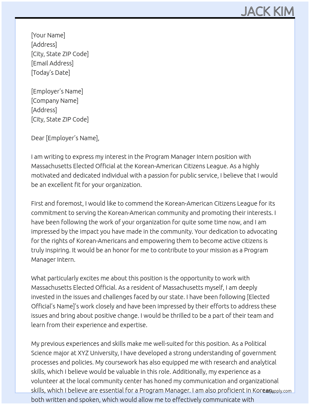 Intern with Massachusetts Elected Official At Korean-American Citizens League Cover Letter