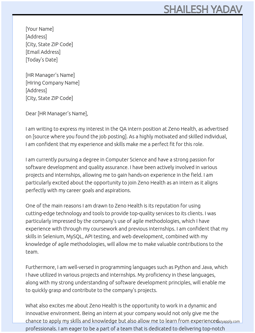 QA intern At Zeno health Cover Letter