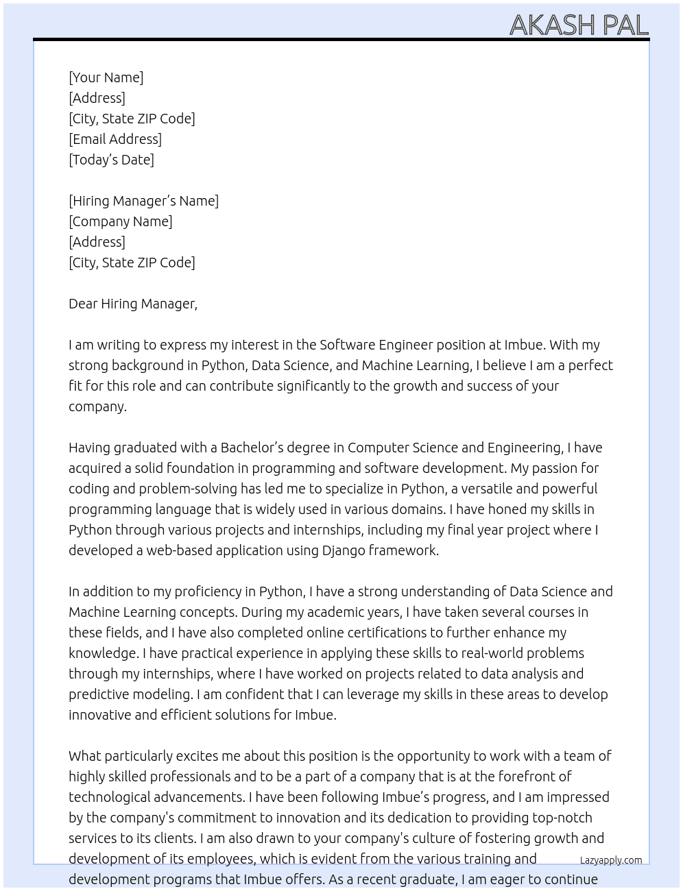Software Engineer At Imbue Cover Letter