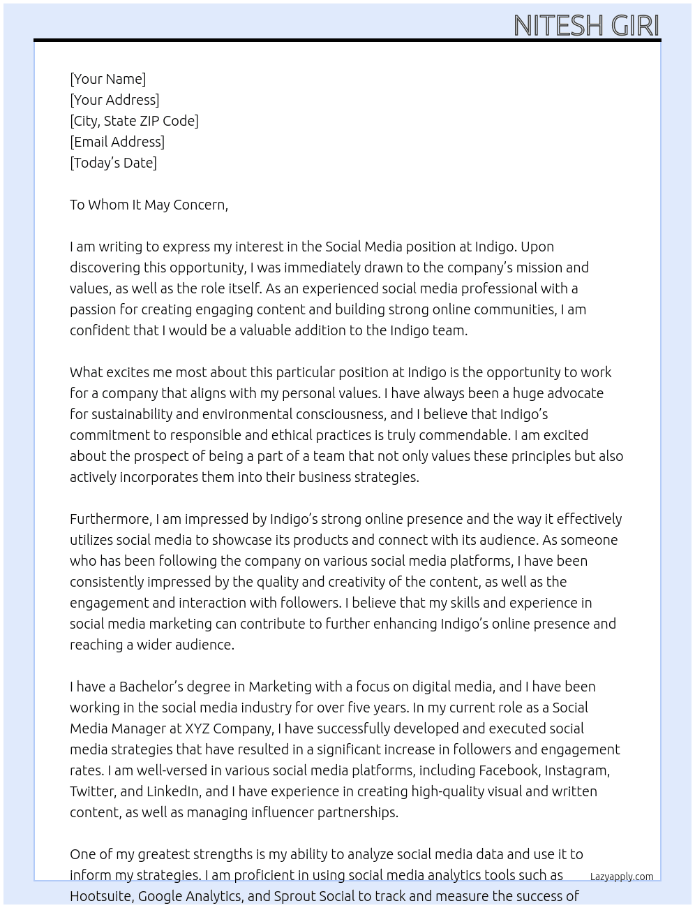 Social Media At indigo Cover Letter